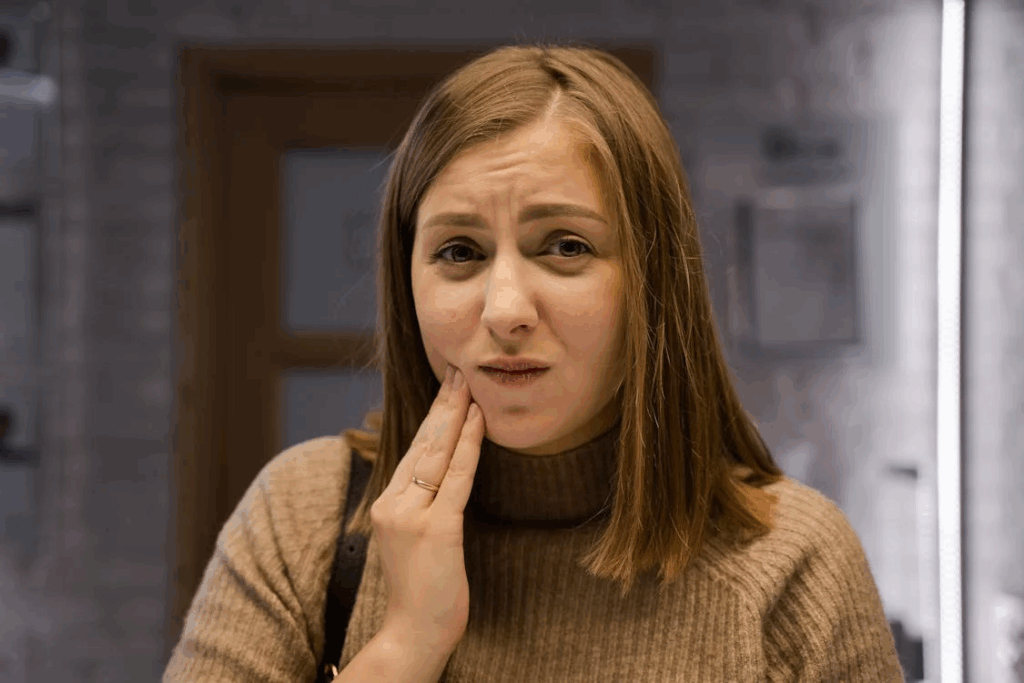 a woman touching her jaw due to tooth ache