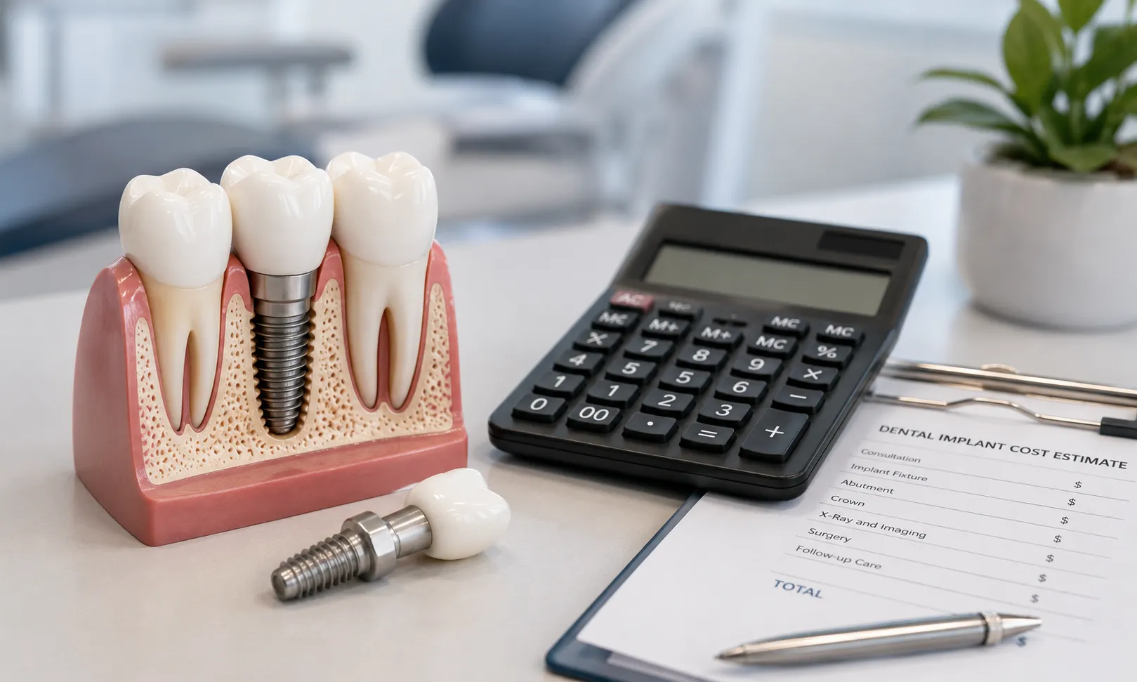 Dental implant model with cost estimate and calculator showing factors that affect implant pricing