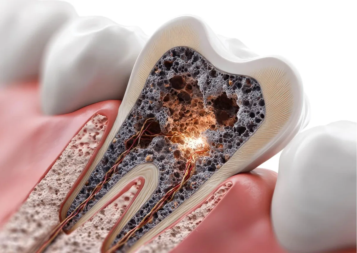 Illustration showing severe tooth infection and decay spreading deep inside a tooth.