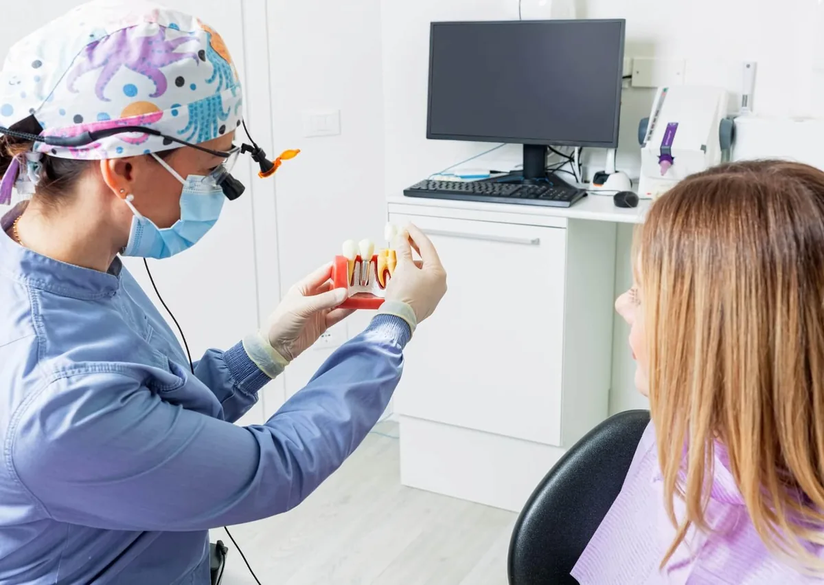 Dentist discussing affordable dental implants with a patient using a dental implant model.