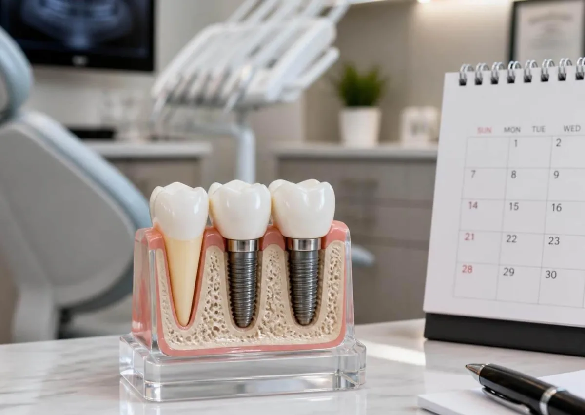 Dental implant model beside a calendar illustrating the tooth implant timeline and healing stages.