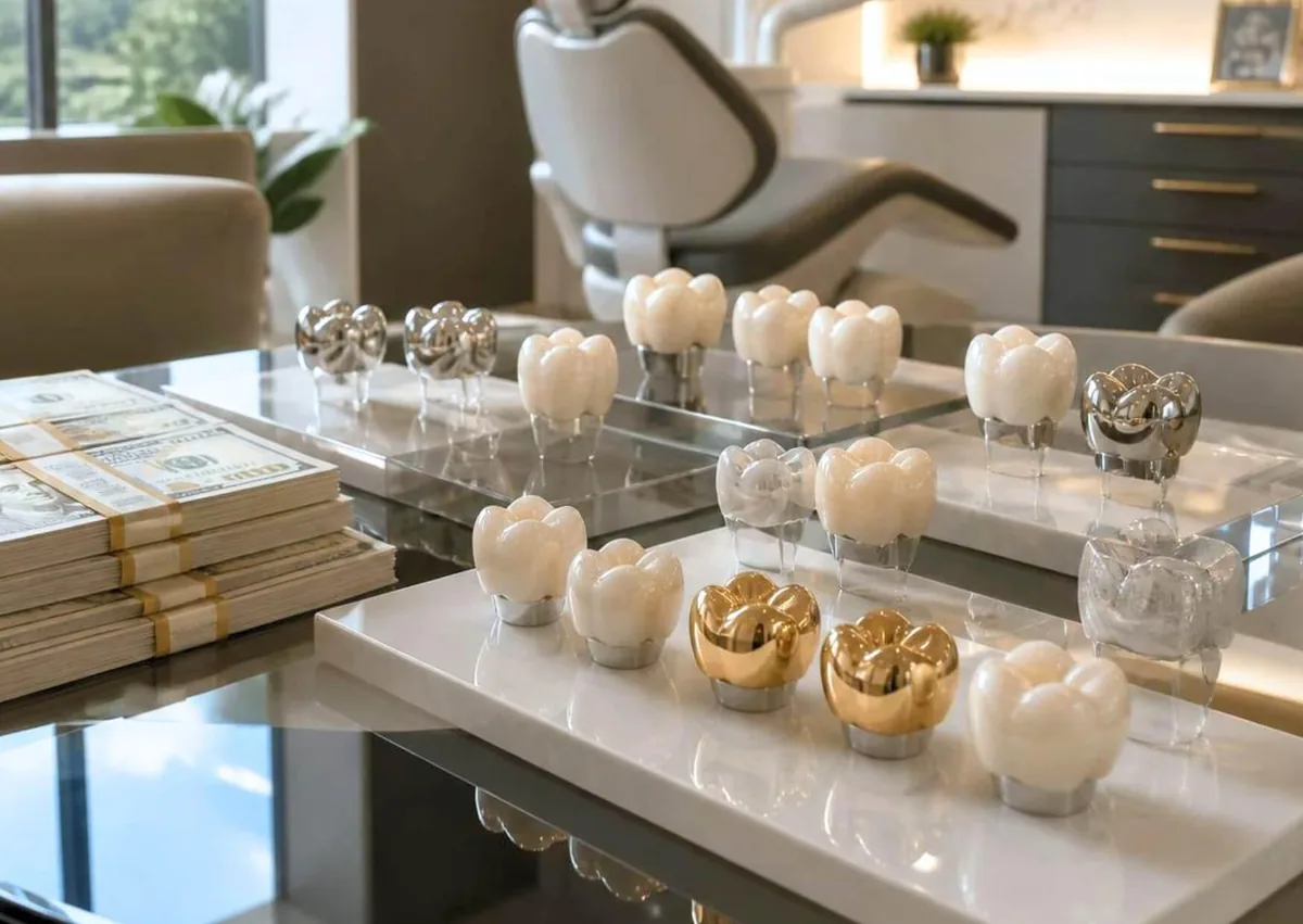 Different dental crown materials displayed beside money to represent dental crown types and costs.